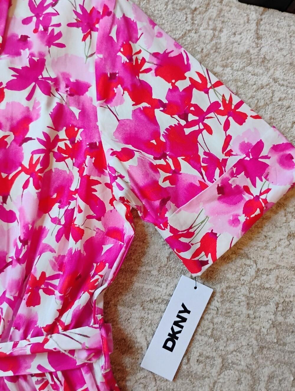 NWT 4 DKNY Pink And Red Floral Short Sleeve Midi Full Skirt Shirt Dress NEW - Picture 6 of 12